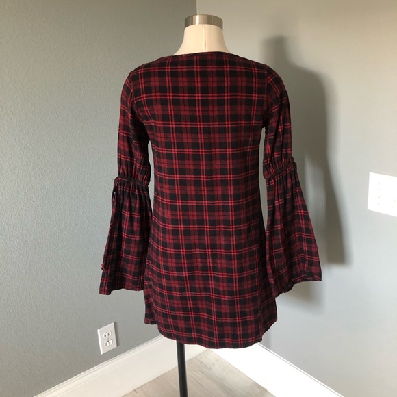 2 Hearts Plaid Flannel Bell-Sleeve Shift Dress - Picture 5 of 16